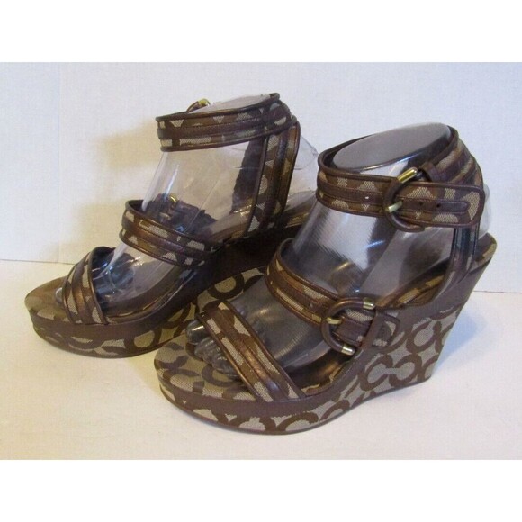 Coach Maralee Wedge Sandals Brown Signature Ankle Strap Heels Canvas Leather 8B - Picture 5 of 9